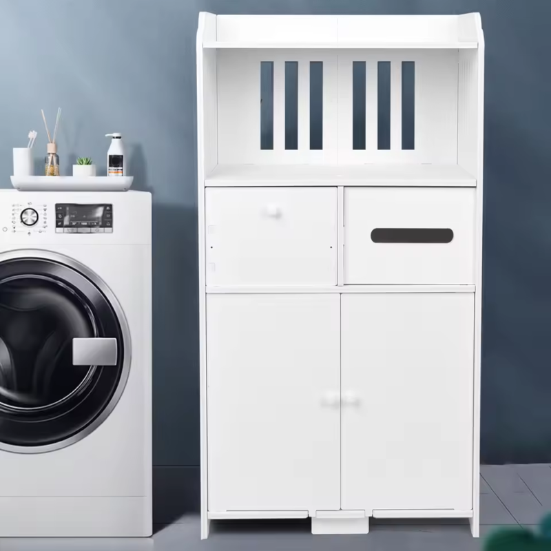 Bathroom Floor Storage Cabinet with Double Door Toilet Paper Storage Container Bathroom Organizer Furniture - Image 2