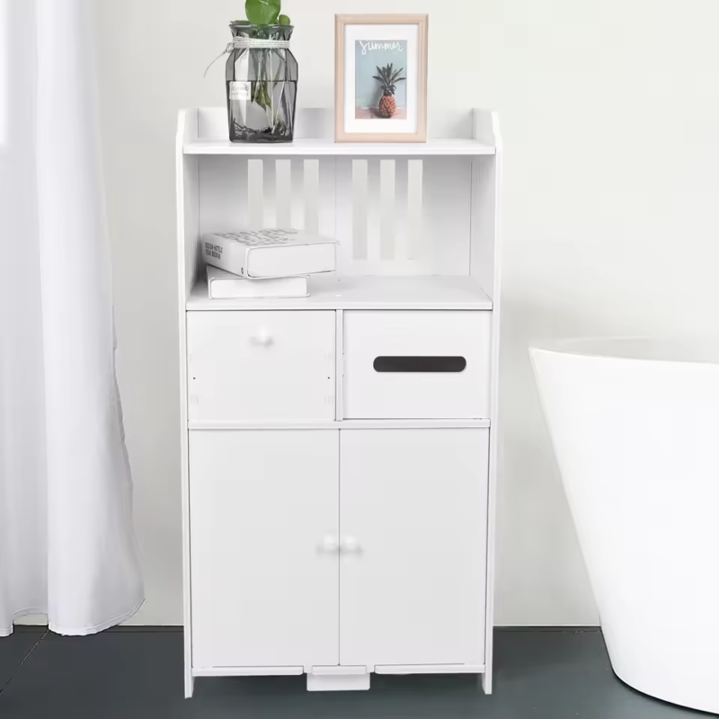 Bathroom Floor Storage Cabinet with Double Door Toilet Paper Storage Container Bathroom Organizer Furniture - Image 4