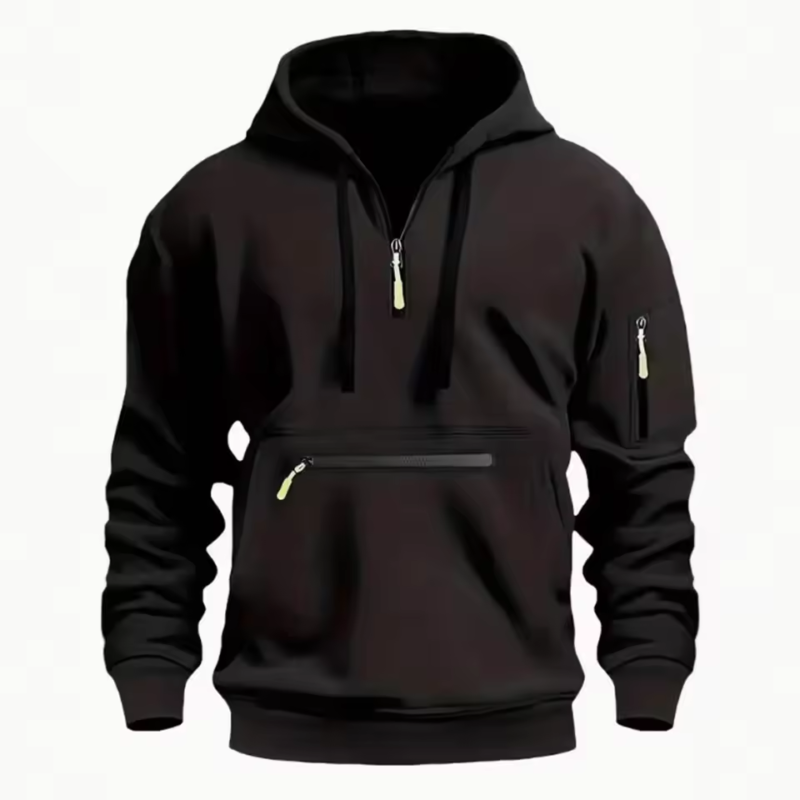 Men's hooded drawstring zipper pocket autumn and winter Hoodies fashion casual daily street solid color plus cashmere warm Tops - Image 5