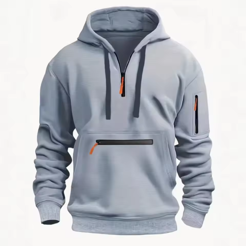 Men's hooded drawstring zipper pocket autumn and winter Hoodies fashion casual daily street solid color plus cashmere warm Tops - Image 2