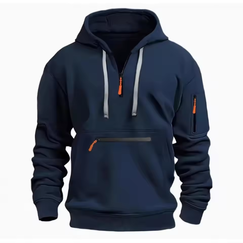 Men's hooded drawstring zipper pocket autumn and winter Hoodies fashion casual daily street solid color plus cashmere warm Tops - Image 3