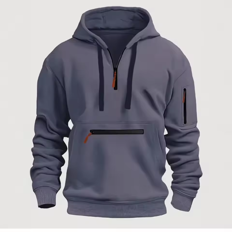 Men's hooded drawstring zipper pocket autumn and winter Hoodies fashion casual daily street solid color plus cashmere warm Tops - Image 4