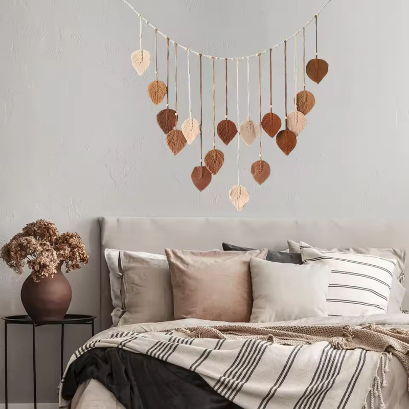 Boho Home Decoration, Macrame Tapestry Macrame Leaf Feather Wall Hanging Decor for Living Room Bedroom, Boho Wall Art Home Decor