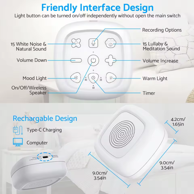 Wireless White Noise Machine Portable Sound Machine 30 Sounds Sleeping Aid Relax,7 Colour Baby Night Light with 3min Recording - Image 2