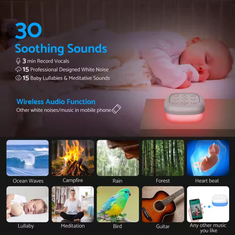 Wireless White Noise Machine Portable Sound Machine 30 Sounds Sleeping Aid Relax,7 Colour Baby Night Light with 3min Recording - Image 5